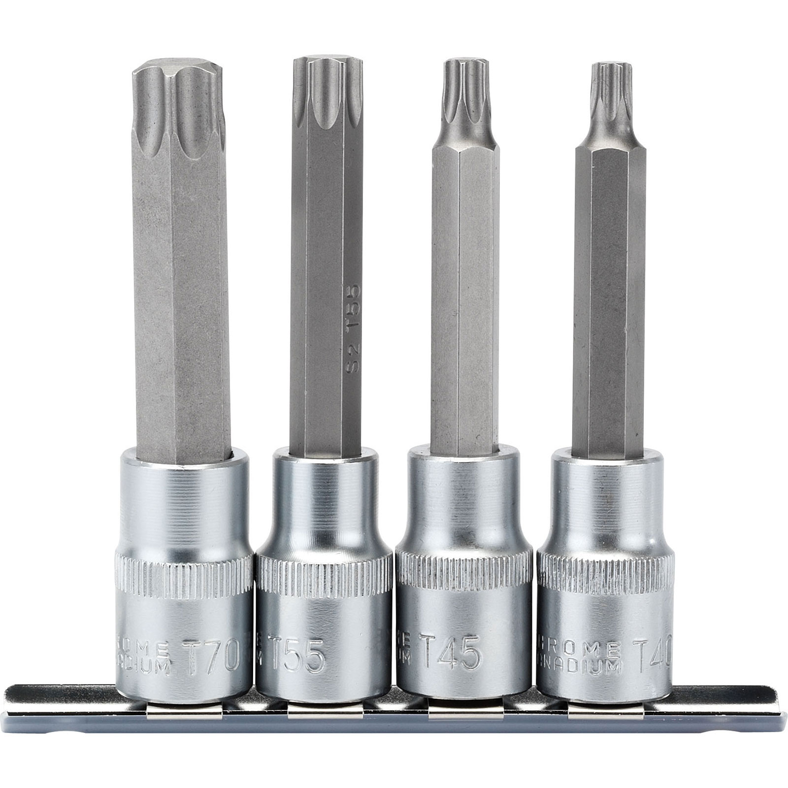Four silver TX-STAR® socket bits in varying lengths, labeled T55, T40, T45, and T30, mounted on a black holder, showcasing a durable metal finish.
