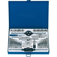 Blue Draper 37-piece tap and die set in a metal case, featuring taps, dies, wrenches, and handles neatly arranged.