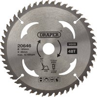 Circular saw blade by Draper, silver, 165 x 20mm, 48 teeth, labeled with brand and specifications.