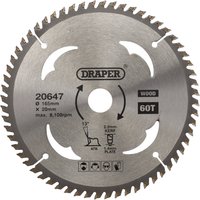 "Draper TCT circular saw blade for wood, 165mm diameter, 20mm bore, 60 teeth, silver with printed specifications"