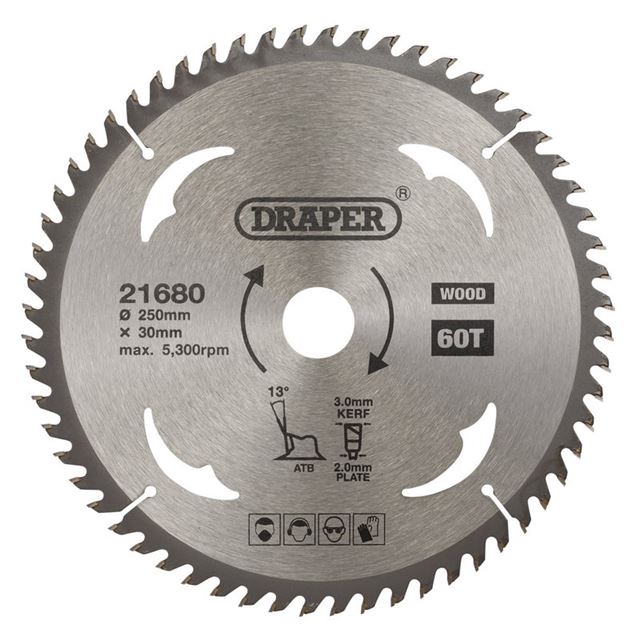 Draper 21680 TCT circular saw blade for wood, 250mm diameter, 30mm bore, features 60 teeth, silver metal finish, and markings for kerf and maximum RPM.
