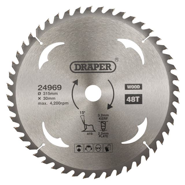 Draper 24969 TCT circular saw blade for wood, 315mm diameter, 30mm bore, featuring 48 teeth and a silver metal finish with engraved specifications.
