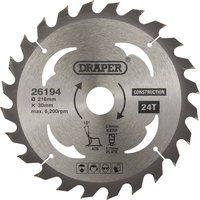 Draper TCT circular saw blade, 216 x 30mm, 24 teeth, silver with black text and logo in the center.