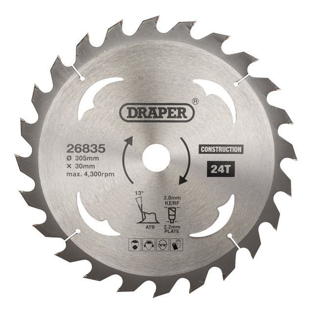 Draper 26835 TCT circular saw blade, 305mm diameter, 30mm bore, 24 teeth, featuring a silver metal finish with engraved specifications and branding.