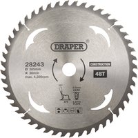 Silver Draper TCT circular saw blade, 305 x 30mm, 48 teeth, with printed specifications and directional arrow.