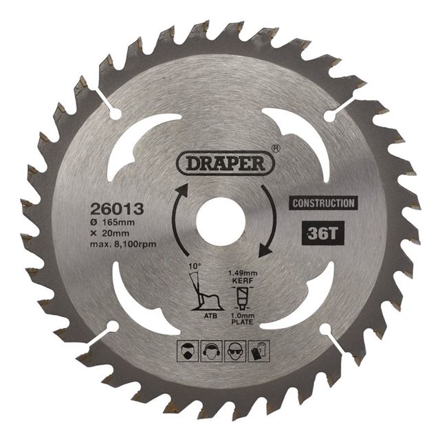 Draper 26013 TCT cordless construction saw blade, silver metal with 36 teeth, 165mm diameter, 20mm bore, designed for cutting wood and composites, featuring clear markings and safety icons.