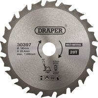 Circular saw blade by Draper, silver with 20 teeth, 185mm diameter, 25.4mm bore, labeled for multi-material use.