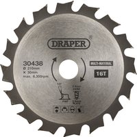 Draper TCT circular saw blade, 210 x 30mm, 16 teeth, silver with black text and logo, multi-material use.