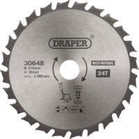 "Draper TCT circular saw blade, 210 x 30mm, 24 teeth, silver with black text and directional arrow"