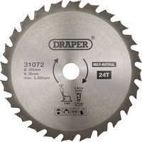 Circular saw blade, silver with 24 teeth, Draper logo, 255 x 30mm size, multi-material use, central hole.
