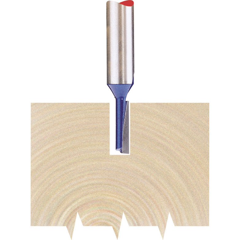 Draper 75330 TCT router bit with a silver steel shaft, blue cutting edge, and a 1/4" diameter, designed for straight cuts in wood, shown cutting through a light-colored wood surface.