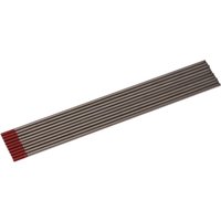 Pack of 10 Draper Thoriated Tungsten Electrodes, 2.4 x 150mm, silver rods with red tips, aligned in a row.