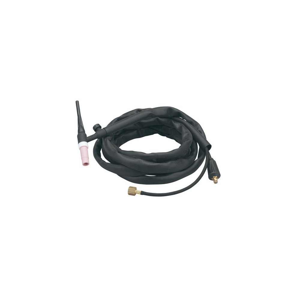 Black rubber-coated welding torch with a pink ceramic nozzle, flexible hose, and brass fittings, designed for use with Draper inverter welders.