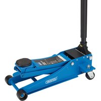 Blue Draper TJ2-LE Low Profile Trolley Jack with black handle and wheels, compact design for easy maneuverability.
