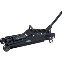 Black Draper TJ2LD-LE low entry trolley jack with long handle, four wheels, and hydraulic lifting mechanism.