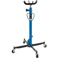 Blue Draper TJ500B Vertical Transmission Jack with adjustable saddle, black base, and four caster wheels.