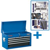 Blue Draper TKC2B workshop tool kit with open lid, multiple drawers, and assorted tools displayed above.
