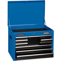Blue Draper tool chest with 10 drawers, black handles, and a hinged top lid.