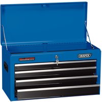 Blue Draper tool chest with four black drawers, 26-inch width, metal handles, and a lockable top compartment.