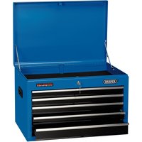 Blue Draper tool chest with five drawers, 26-inch size, open lid, black handles, and logo on the front.