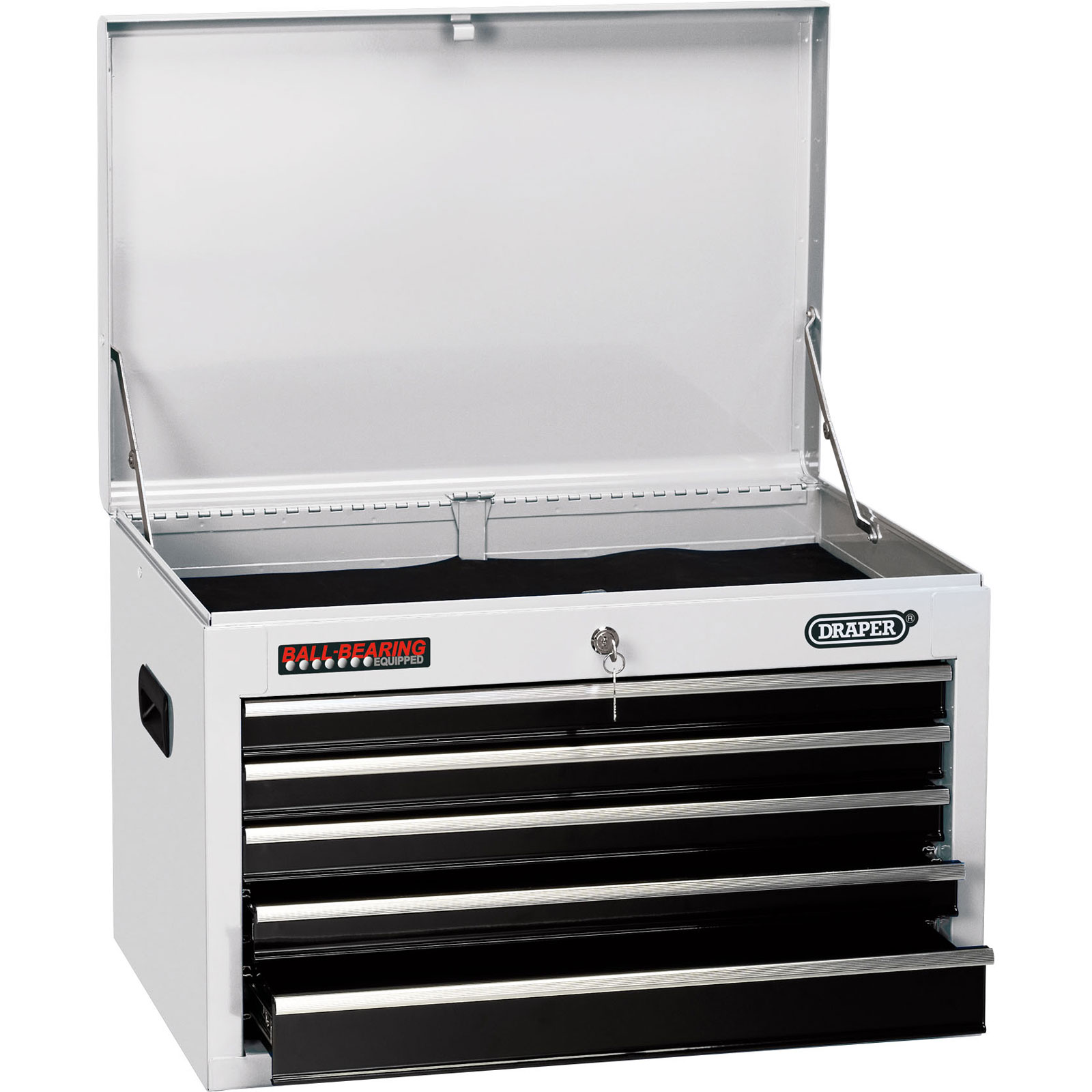 Draper 35738 26" tool chest in silver metal with five black drawers, a hinged lid, and a textured surface for grip, featuring the Draper logo on the front.