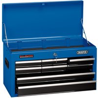 Blue Draper tool chest, 8 drawers, 26 inches wide, with metal handles and a hinged top lid.