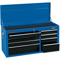 Blue Draper tool chest, 8 drawers, 40 inches, with black drawer fronts and silver handles, open top lid.