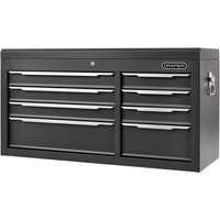 Black Draper tool chest with eight drawers, silver handles, and a lock, measuring 42 inches wide.