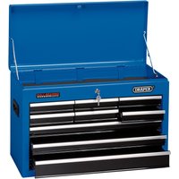 Blue Draper tool chest with 9 drawers, 26 inches wide, featuring a hinged top lid and metal handles.