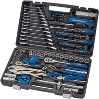 "Draper Tool Kit with 100 pieces, includes blue-handled wrenches, screwdrivers, sockets, and pliers in a black case"