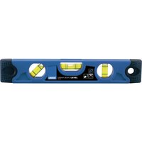 Blue Draper torpedo level, 230mm, with magnetic base, three bubble vials, and black rubber end caps.
