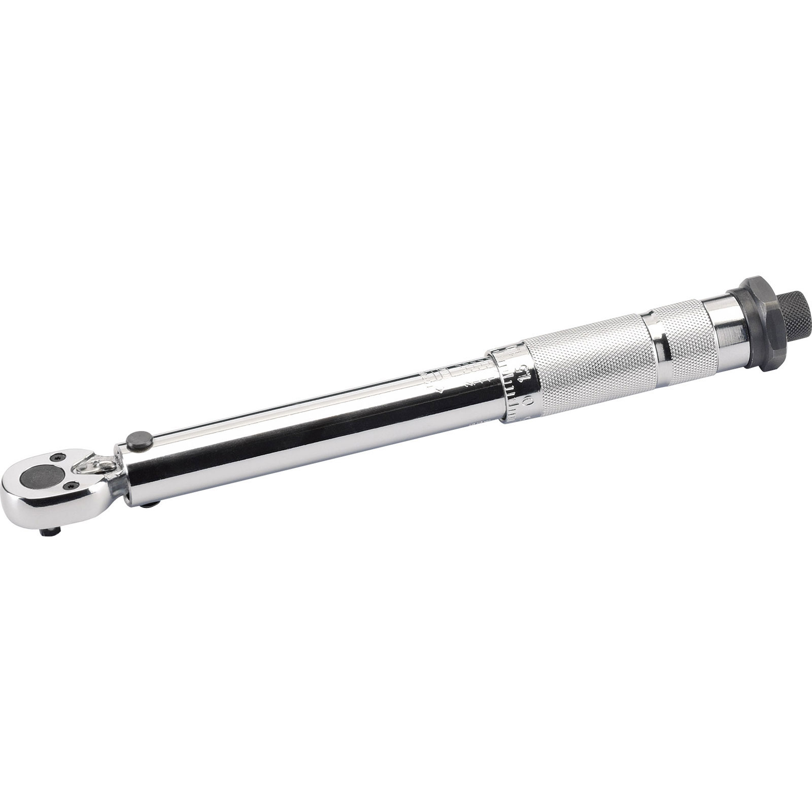 Draper 78639 torque wrench features a shiny chrome finish, 1/4" square drive, and a knurled grip for precise torque settings.