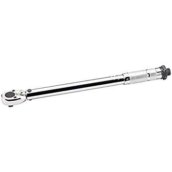 Silver chrome torque wrench with a 3/8" square drive, featuring a long handle with a textured grip and a torque range of 20-110Nm.