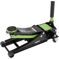Green Draper trolley jack 2.25 tonne with black frame, hydraulic lift, and swivel casters.