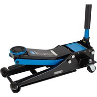 Blue Draper trolley jack, 3 tonne capacity, with black frame, hydraulic lift, and swivel casters.