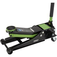 Green and black Draper trolley jack, 3 tonne capacity, with a long handle and swivel casters.