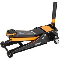 Orange Draper trolley jack, 3 tonne capacity, with black handle and wheels, model 28494, sturdy metal construction.