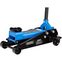 Blue and black Draper trolley jack, 3 tonne capacity, with four wheels and a long handle for lifting vehicles.