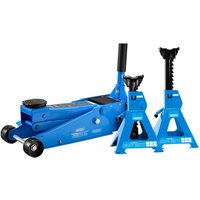Blue Draper trolley jack with black handle and two blue adjustable axle stands with ratchet design.