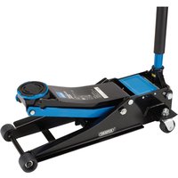 Black and blue Draper trolley jack with hydraulic lift and swivel casters.