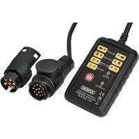 Black Draper TST13C towbar socket tester with 13 and 7 pin connectors, LED indicators, and control buttons.