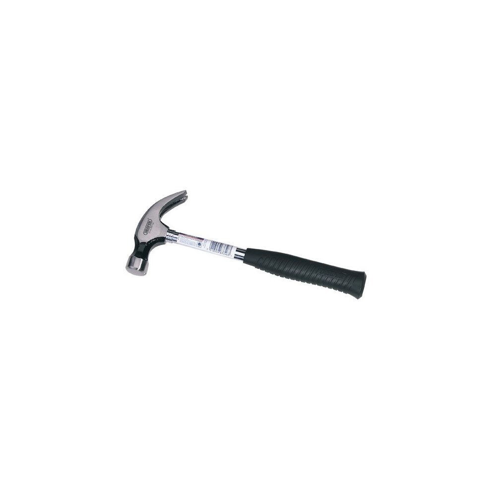 Draper 63346 claw hammer with a 560g tubular shaft, featuring a shiny steel head and a textured black rubber grip for comfort and control.
