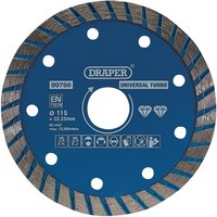 Blue Draper Turbo Diamond Blade, 115mm, with segmented edge and multiple holes for cooling and attachment.