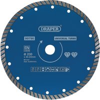 "Draper Turbo Diamond Blade, 230mm, blue with silver serrated edge and central mounting hole"