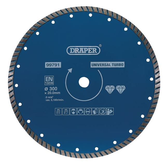 Blue 300mm turbo diamond blade with a serrated edge, featuring a central hole and multiple small holes for cooling, marked with Draper branding and usage icons.