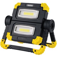 Black and yellow Draper Twin COB LED Rechargeable Worklight with dual rectangular lights and sturdy handle.