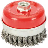Red and silver Draper Twist Knot Wire Cup Brush, 100mm, with twisted steel bristles and M14 threaded hole.