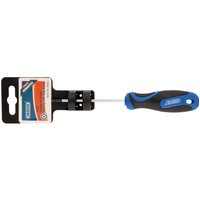 Draper TX-STAR T10 screwdriver with black and blue soft grip handle and security bit, attached to branded packaging.