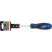 Black and blue Draper TX-STAR T25 screwdriver with soft grip handle and attached packaging.