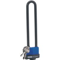 Black and blue Draper U Bar lock with extra long shackle, includes two silver keys.